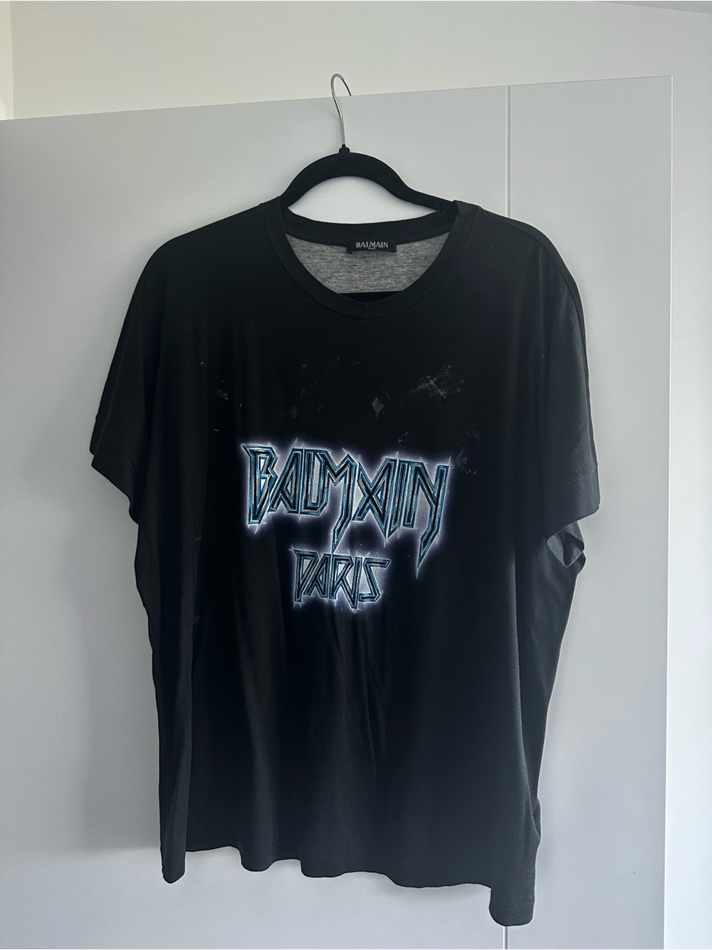 Balmain Black Tee with Blue Neon Logo